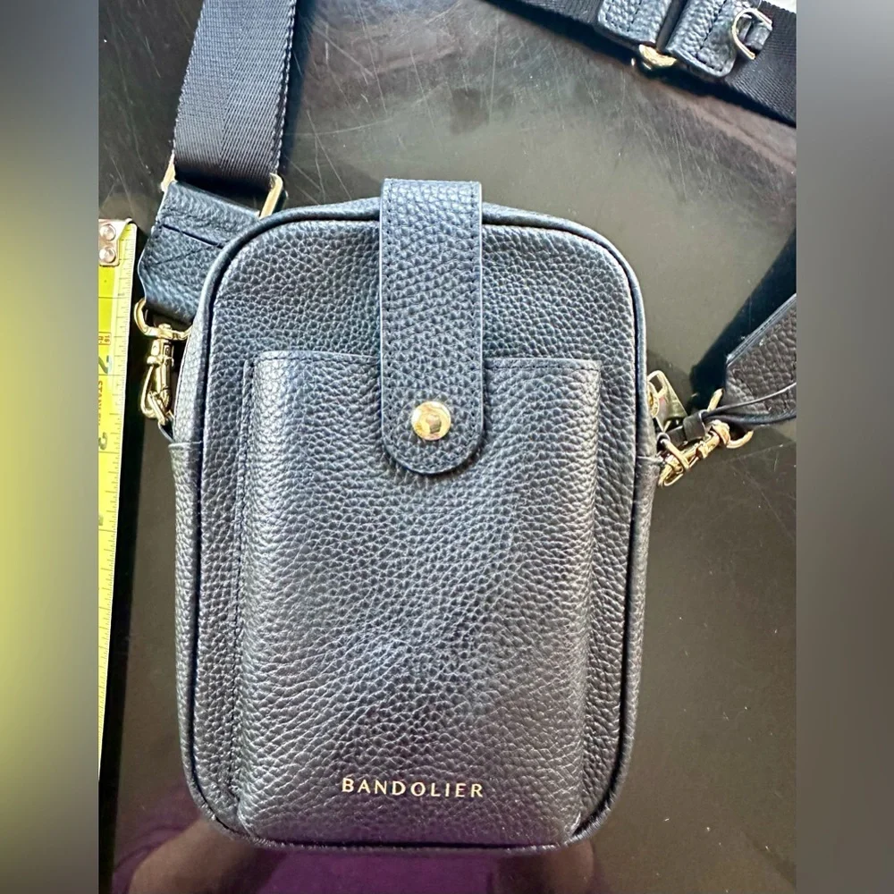 Bandolier Black Leather Phone Crossbody with Gold Accents - Picture 3 of 10